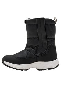 Svarta vattentäta stövlar med vadderad textilskaft, gummitåhätta och vit yttersula. Har en dragflik för enkel påtagning och sydda detaljer.