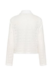 Veste blanche à manches longues en crochet avec motifs géométriques en forme de losanges et motifs floraux, ourlet droit et col classique, vue de dos.