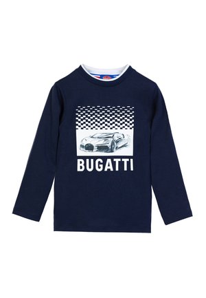 Marineblaues Langarm-T-Shirt aus Baumwolle mit einem weißen Grafikbild eines Bugatti-Sportwagens und einem karierten Muster über dem Text "BUGATTI."