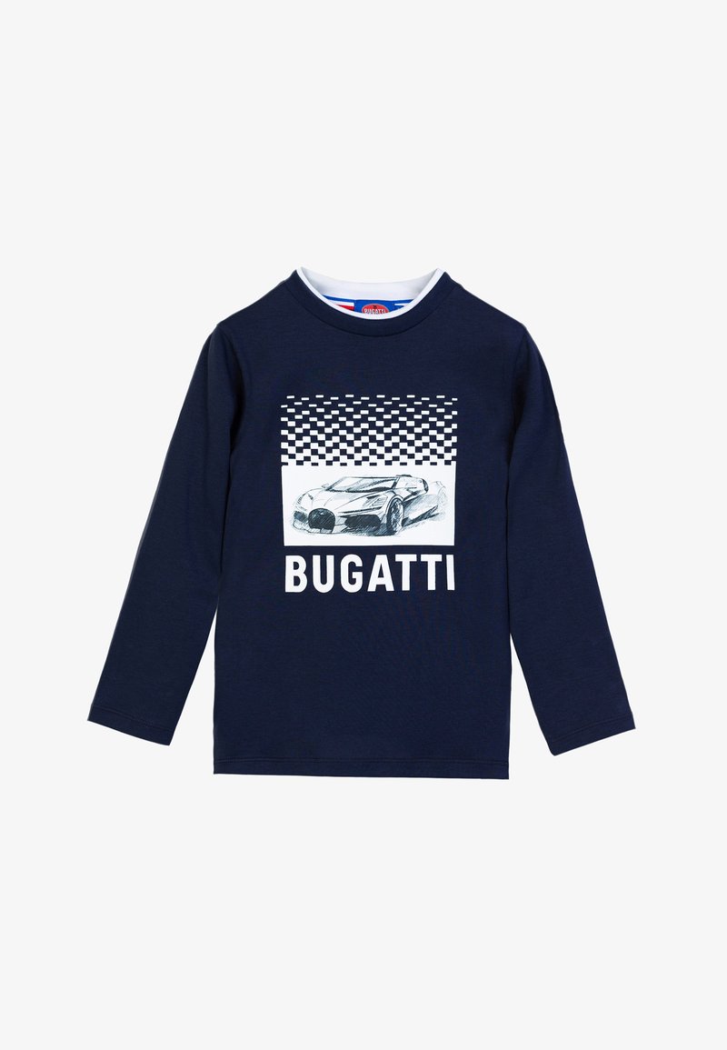 T-shirt a maniche lunghe di colore blu navy in cotone, con una grafica bianca di una vettura sportiva Bugatti e un motivo a scacchi sopra il testo "BUGATTI".