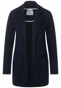 Námořnický blejzr vyrobený z měkké tkaniny, s klopovým límcem, otevřeným předním dílem a dvěma bočními kapsami. Hladký design s jemnou texturou.