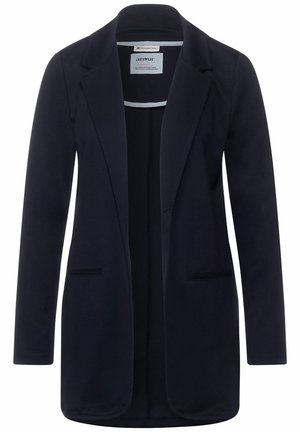 Námořnický blejzr vyrobený z měkké tkaniny, s klopovým límcem, otevřeným předním dílem a dvěma bočními kapsami. Hladký design s jemnou texturou.