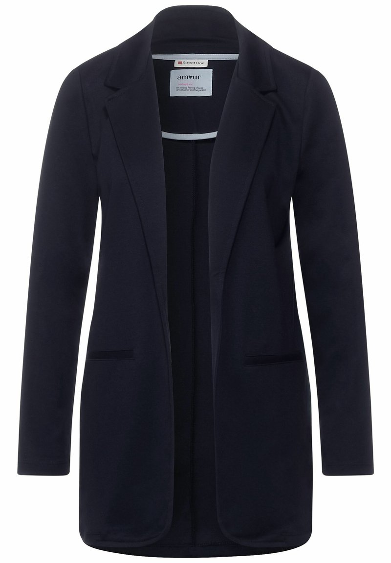 Námořnický blejzr vyrobený z měkké tkaniny, s klopovým límcem, otevřeným předním dílem a dvěma bočními kapsami. Hladký design s jemnou texturou.