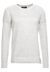 Maglione grigio chiaro con trama a coste sulle spalle, collo rotondo, maniche lunghe e orlo aderente. Tessuto morbido con finitura liscia.
