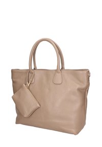 Beige leren tote bag met een gladde, gestructureerde oppervlakte; twee handgrepen en een afneembare kleine ritszak in hetzelfde materiaal.
