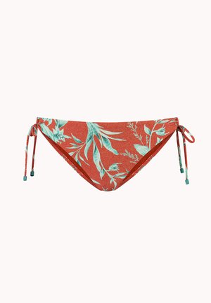 Bikinibroekje in roestkleur met een teal bloemenprint en verstelbare zijstrikken tegen een effen witte achtergrond.