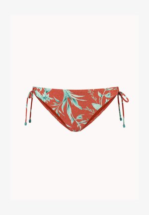 Bas de bikini couleur rouille avec imprimé floral bleu sarcelle et liens réglables sur les côtés sur fond blanc uni.
