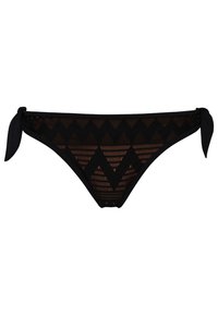 Černé bikiny s krajkovým designem, s cik-cak vzorem a zavazováním na bocích. Měkká, elastická tkanina s kontrastním světlým detailem.