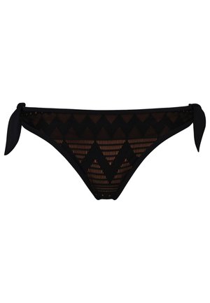 Černé bikiny s krajkovým designem, s cik-cak vzorem a zavazováním na bocích. Měkká, elastická tkanina s kontrastním světlým detailem.