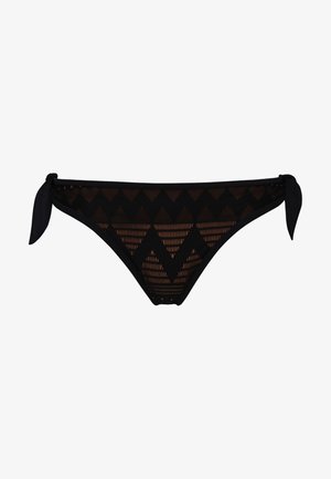 Černé bikiny s krajkovým designem, s cik-cak vzorem a zavazováním na bocích. Měkká, elastická tkanina s kontrastním světlým detailem.