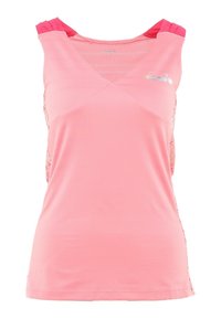 Ljusrosa träningslinne med texturerat tyg, korslagd framsida och kontrasterande rosa axelremmar. Har nätpartier i sidorna för ventilation.