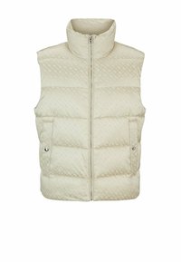 Padded vest in light beige with a high collar, front zip closure, and two side pockets. Features a subtle geometric pattern.