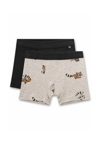 Zwei Paar Boxershorts: eine schwarze und eine graue mit Waschbärmustern. Hergestellt aus weichem Stoff mit elastischen Taillenbündchen und genähten Nähten.