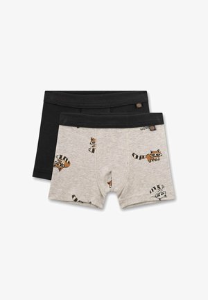 Due coppie di boxer: una nera e una grigia con motivi di procioni. Realizzati in tessuto morbido con elastico in vita e cuciture a macchina.