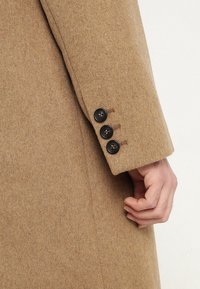 Manica di un cappotto di lana color cammello con tre bottoni neri vicino al polso, e una mano appoggiata delicatamente sul fianco.