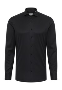 Camicia nera a maniche lunghe realizzata in tessuto morbido, dotata di un'apertura con bottoni, colletto a punta e polsini con un bottone. Nessun motivo visibile.