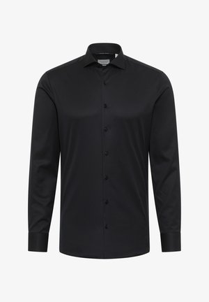 Camicia nera a maniche lunghe realizzata in tessuto morbido, dotata di un'apertura con bottoni, colletto a punta e polsini con un bottone. Nessun motivo visibile.