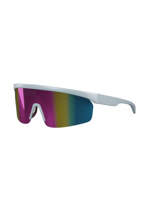 Sport-Sonnenbrille mit weißem Rahmen, einer großen regenbogenfarbenen Linse und Nasenpad für aktive Outdoor-Nutzung.