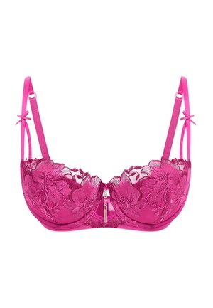 Lacy fuchsia bra with floral embroidery, underwire support, and adjustable satin straps. Features a decorative front closure and bows.