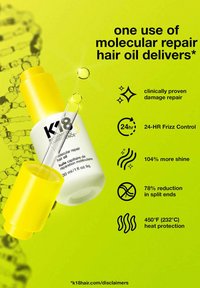 K18 moleculaire herstellende haarolie in een witte fles met een gele dop. 30 ml formaat. Felgele achtergrond met moleculaire graphics.