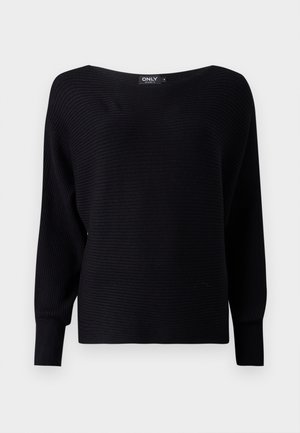 Maglione nero a coste con scollatura ampia, maniche lunghe e vestibilità ampia, caratterizzato da un tessuto testurizzato e design minimalista.