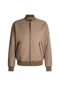 Giubbotto bomber beige con zip frontale, due tasche laterali con zip, polsini e colletto a coste. Tessuto liscio e design minimale.