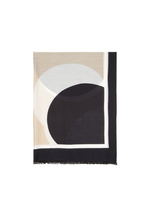 Scarf with abstract geometric design featuring large overlapping beige, white, and black semi-circle shapes and a solid black border with fringed edge.