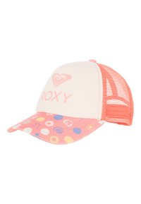 Pink and white baseball cap with mesh back. Features a colorful printed brim with various circular patterns. Front displays "ROXY" logo.