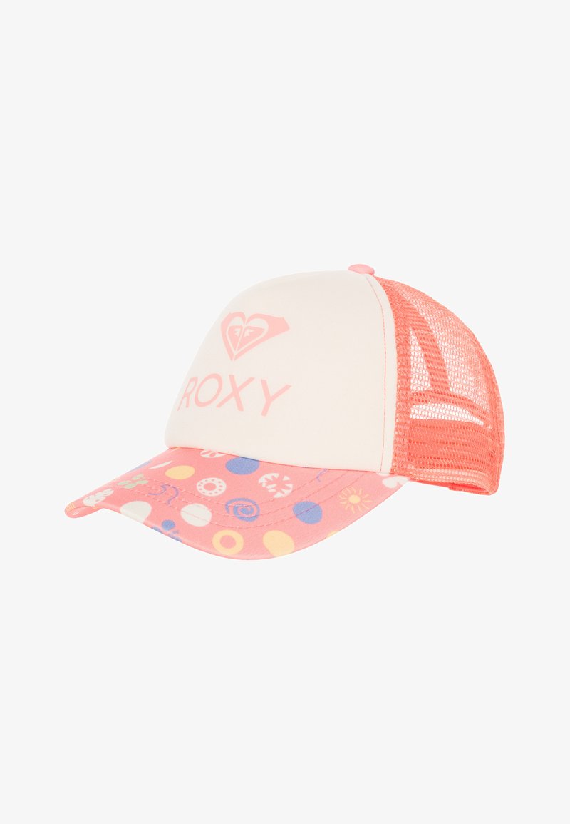 Gorra de béisbol rosa y blanca con parte trasera de malla. Presenta una visera impresa colorida con varios patrones circulares. En la parte frontal exhibe el logo "ROXY".