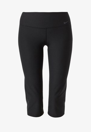 Zwarte capri sportleggings gemaakt van rekbare stof, met een hoge tailleband en een klein logo op de linkerheup. Soepele textuur.
