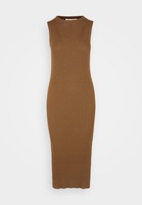 Abito senza maniche a coste marrone con collo alto, silhouette aderente e lunghezza midi. Presenta coste verticali per un effetto di texture.