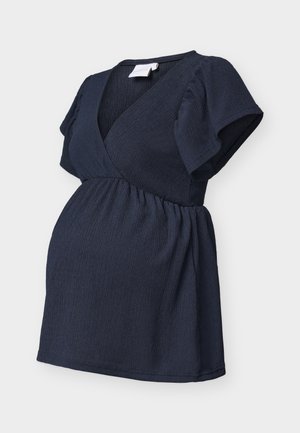 Tumesinine tekstuuriga raseduskleit lühikeste lehvivate varrukatega, V-kaelusega ja kogutud vöökohaga mugavaks sobivuseks.