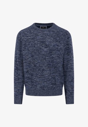 Marineblauwe gebreide trui met een gestructureerd patroon, ronde hals en geribbelde manchetten en zoom. Materiaal van katoenmix met een zachte uitstraling.