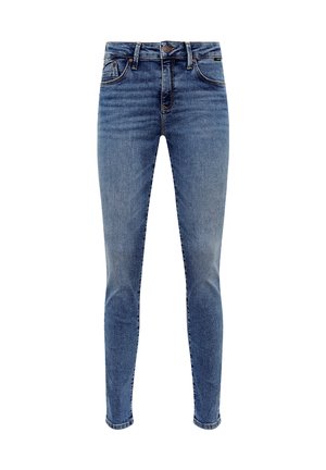 Skinny jeans in medium blue denim with a smooth texture, five-pocket design, and subtle fading details along the thighs and knees.