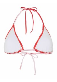 Haut de bikini triangle blanc avec bordure rouge, noué avec des liens au cou et dans le dos en nœuds.