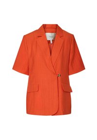 Lyhythihainen bleiseri kirkkaan oranssista pellavakankaasta, jossa on yksittäinen nappikiinnitys, kaksi etutaskua ja hieman rakenteellinen istuvuus.