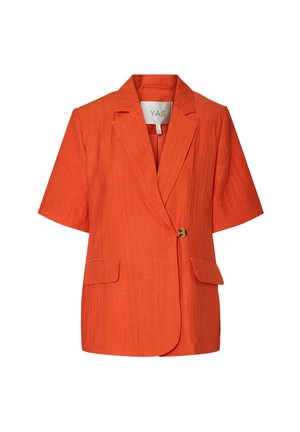 Korte mouw blazer in feloranje linnen stof, met een enkele knoopsluiting, twee voorzakken en een licht gestructureerde pasvorm.