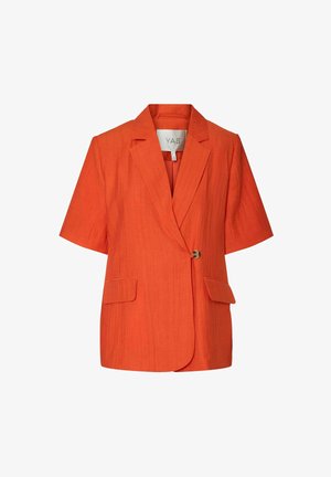 Kortærmet blazer i lys orange linnedstof, med en enkelt knaplukning, to frontlommer og en let struktureret pasform.