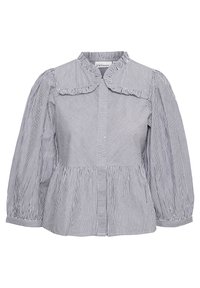 Gestreepte blouse met een gerimpelde kraag, lange pofmouwen en knoopsluiting aan de voorkant. Gemaakt van een lichte stof in marineblauw en wit.