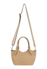 Beežist nahast käekott kahe ümmarguse ülemise käepidemega ja pika reguleeritava õlarihmaga, millel on esiküljel peen brändi logo.