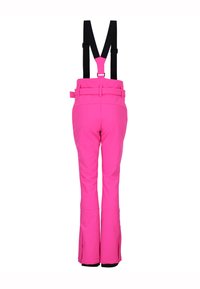 Heldere roze skibroek met zwarte verstelbare bretels, tapering ontwerp, ritsventilatie bij de enkels en een gladde textuur.