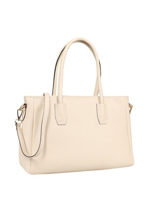 Beige strukturierte Lederhandtasche mit zwei oberen Griffen und einem abnehmbaren Schulterriemen, mit goldfarbener Hardware.