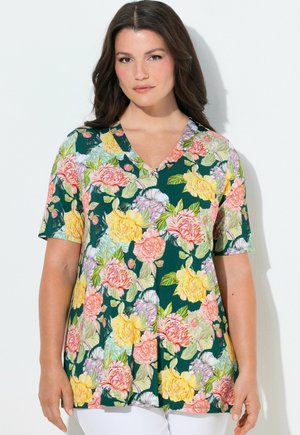 Ulla Popken SLINKY-SHIRT, BLÜTEN, A-LINIE, V-AUSSCHNITT, HALBARM - T-shirt imprimé - cyan