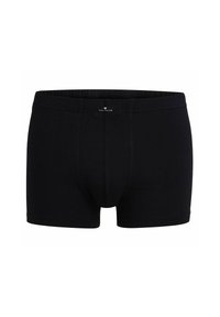 Boxer shorts neri realizzati in tessuto liscio, con una vita elastica e un logo sulla parte anteriore, dotati di un design a tasca sagomata.