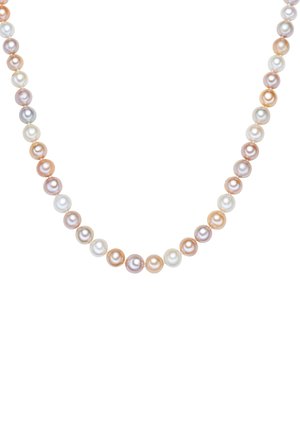 String of pearls featuring alternating shades of lavender, peach, white, and cream, evenly sized with a smooth, lustrous surface.