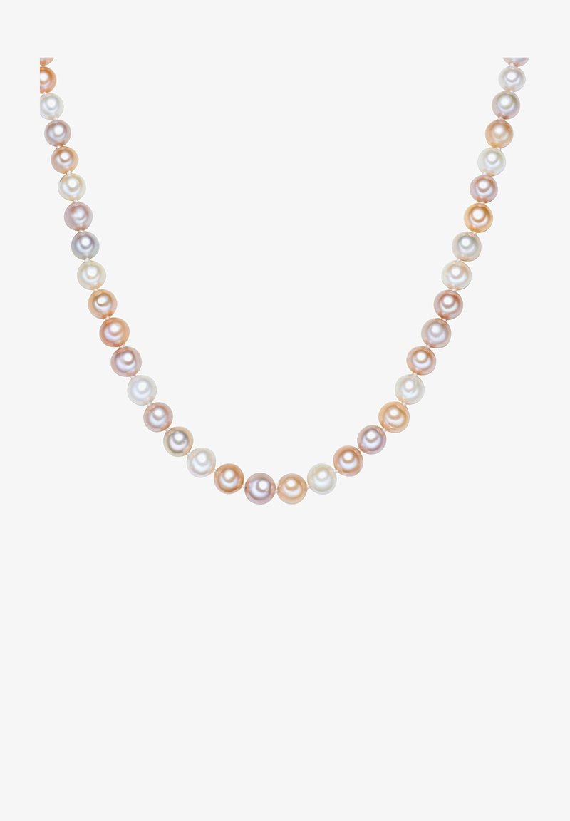 Perlerække med skiftende nuancer af lavendel, fersken, hvid og fløde, ensartet størrelse med en glat, glansfuld overflade.