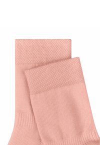 Helle rosa Socken mit einem strukturierten, gerippten Bund, aus weichem Stoff, mit einem glatten Körper und einem sauberen, einfachen Design.