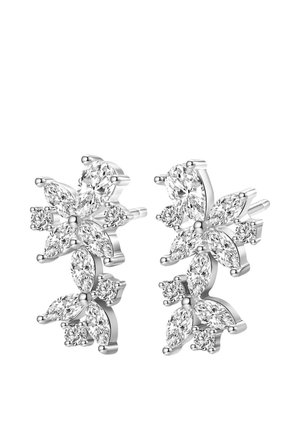 Ohrstecker mit einem Cluster aus markanten und runden, klaren Edelsteinen, die in einem floralen Design angeordnet sind und in glänzendem Silbermetall gefasst sind.