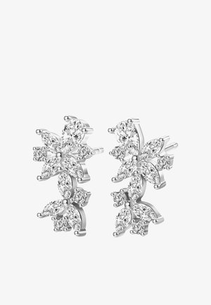 Ohrstecker mit einem Cluster aus markanten und runden, klaren Edelsteinen, die in einem floralen Design angeordnet sind und in glänzendem Silbermetall gefasst sind.