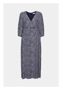 Námořnické modré šaty s véčkovým výstřihem, tříčtvrtečními rukávy a vlnitým bílým vzorem. Mají zip na zadní straně.